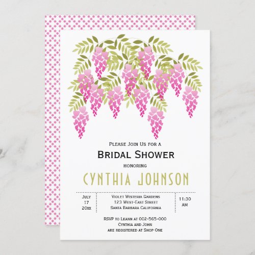 Hot pink wisteria floral wedding bridal shower invitation