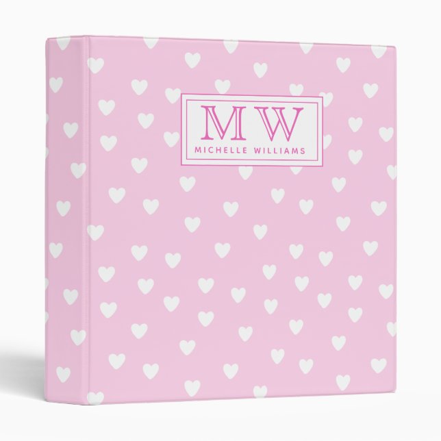 Hot Pink with Cute White Hearts Pattern - Monogram 3 Ring Binder (Front/Spine)