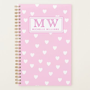 Hot Pink with Cute White Hearts Pattern - Monogram