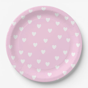 Hot Pink with Cute White Hearts Pattern Paper Plates