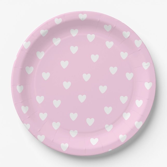 Hot Pink with Cute White Hearts Pattern Paper Plates (Front)