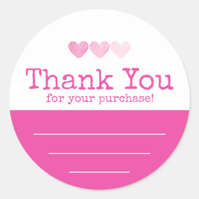 Hot Pink With Hearts Thank You For Your Purchase Classic Round Sticker ...
