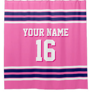 Hot Pink with Navy White Stripes Sports Jersey Shower Curtain