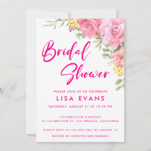 Hot Pink With Roses Bridal Shower Invitation