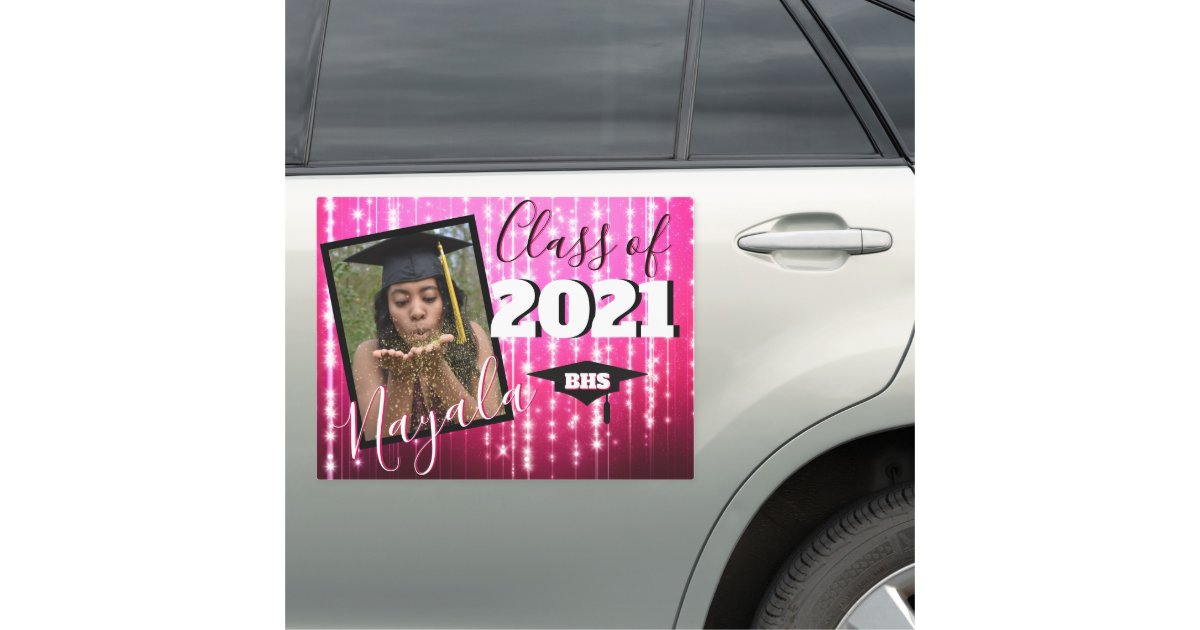 Hot Pink with Sparkles| Monogram Graduation Photo Car Magnet | Zazzle