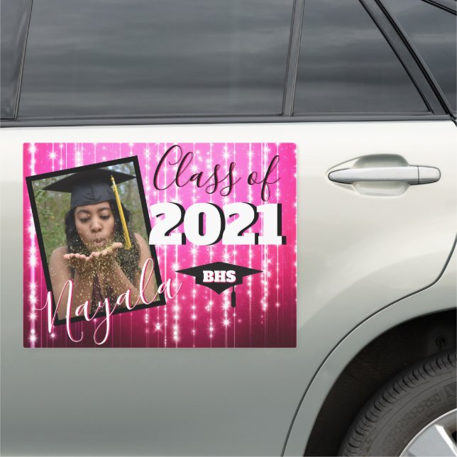 Hot Pink with Sparkles| Monogram Graduation Photo Car Magnet (In Situ)