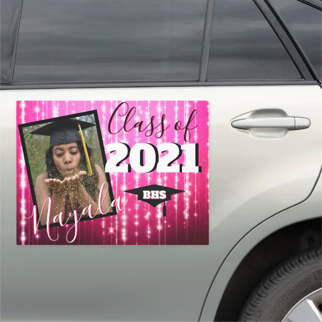 Hot Pink with Sparkles| Monogram Graduation Photo Car Magnet | Zazzle