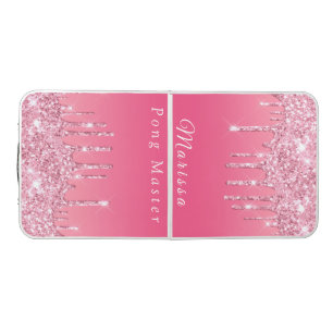 Hot Pink With Sparkling Silver Glitter Drips Beer Pong Table