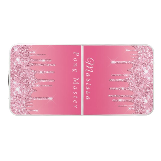 Hot Pink With Sparkling Silver Glitter Drips Beer Pong Table (Top)
