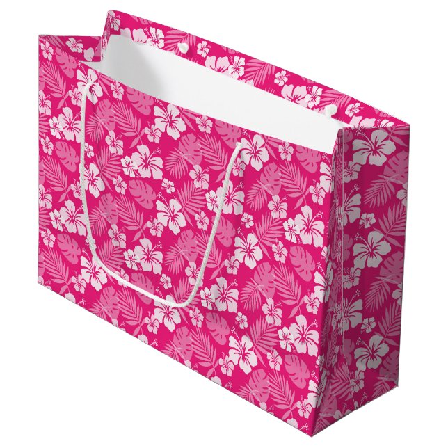 HOT PINK WITH TROPICAL WHITE HIBISCUS FLOWERS LARGE GIFT BAG (Front Angled)
