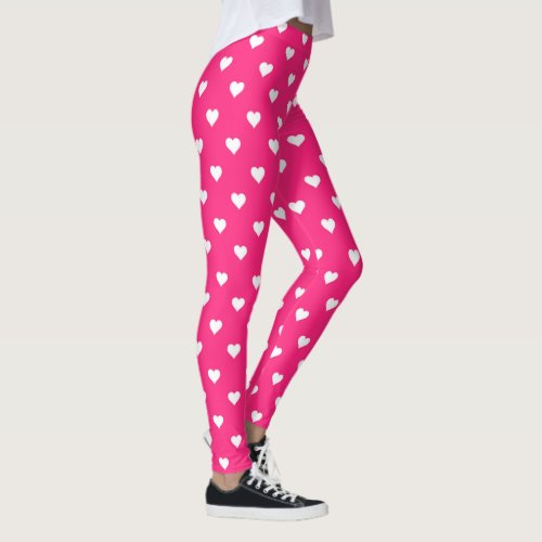 Hot Pink With White Hearts Valentines Leggings