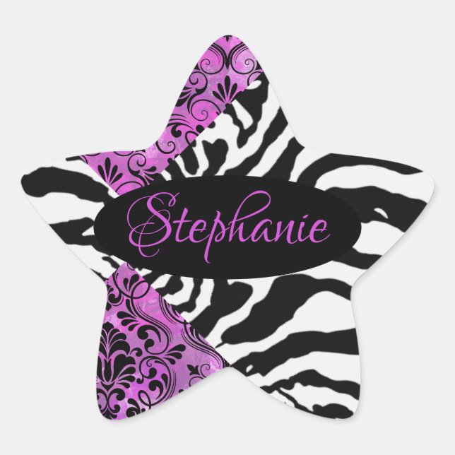Hot pink with zebra pattern star sticker (Front)