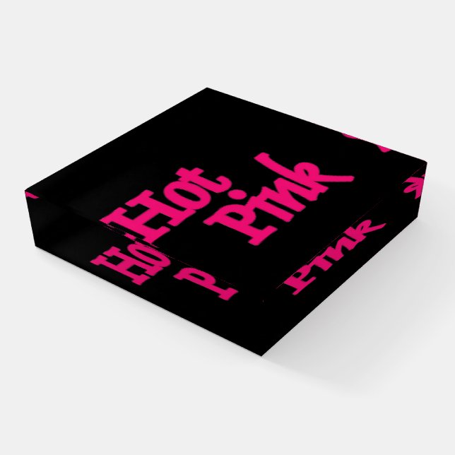 Hot Pink word black glass square paperweight (Angled)