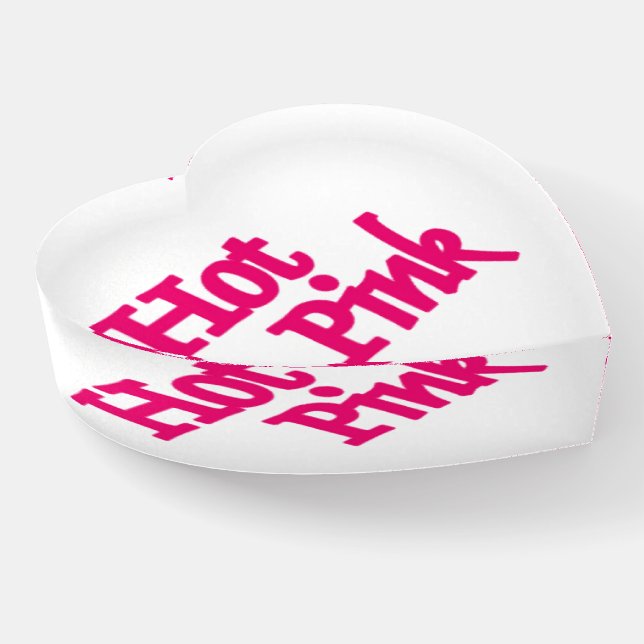 Hot Pink word clear glass heart paperweight (Angled)
