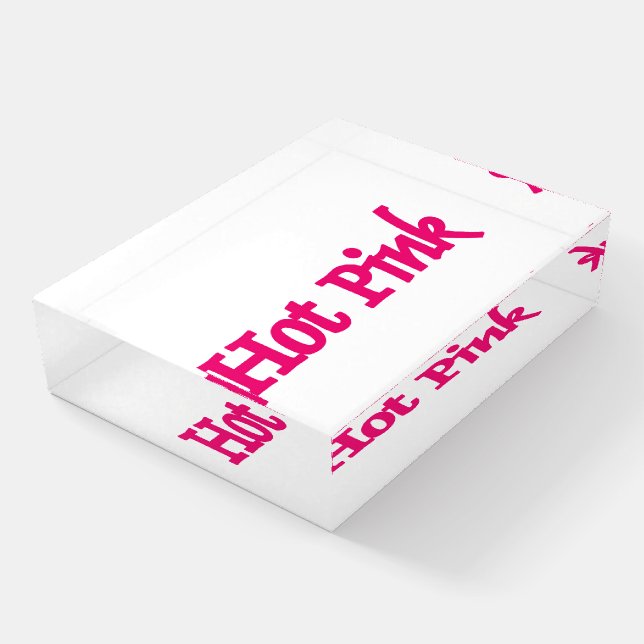 Hot Pink word clear glass rectangle paperweight (Angled)