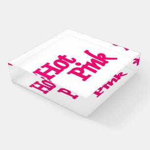 Hot Pink word clear glass square paperweight