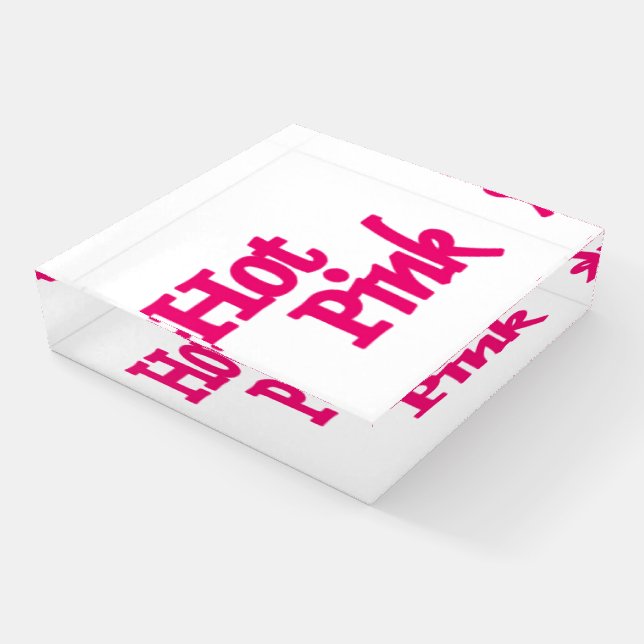 Hot Pink word clear glass square paperweight (Angled)