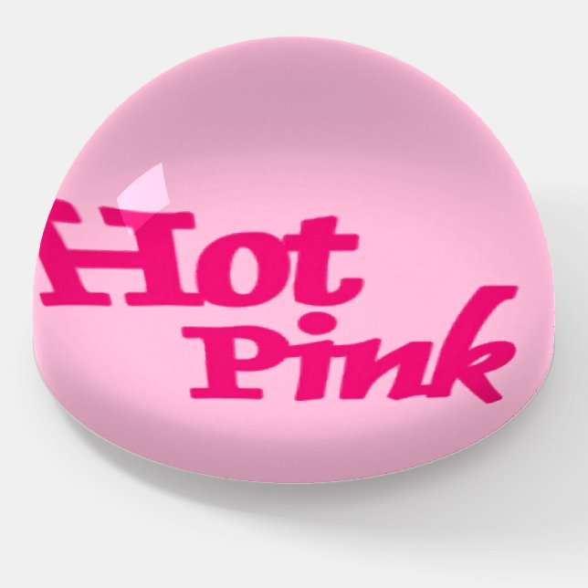 Hot Pink word pink glass dome paperweight (Angled)