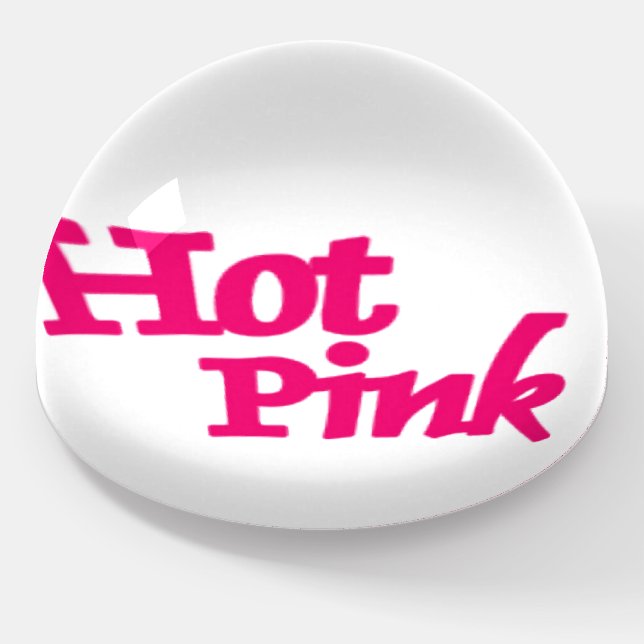 Hot Pink word white glass dome paperweight (Angled)
