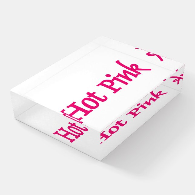 Hot Pink word white glass rectangle paperweight (Angled)