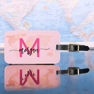 Hot Pink World Traveler Map Monogram Name Luggage Tag