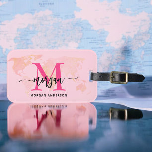 Hot Pink World Traveler Map Monogram Name Luggage Tag