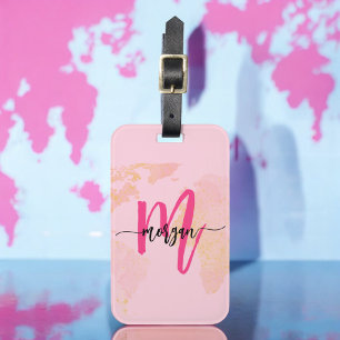 Hot Pink World Traveler Map Monogram Name Luggage Tag