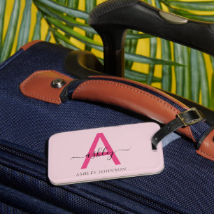 Hot Pink World Traveller Map Monogram Name Luggage Tag