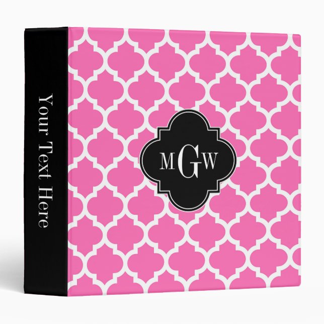 Hot Pink Wt Moroccan #5 Black 3 Initial Monogram 3 Ring Binder (Front/Spine)