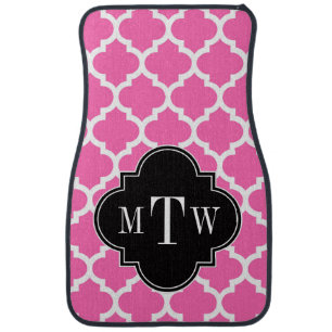 Hot Pink Wt Moroccan #5 Black 3 Initial Monogram Car Mat