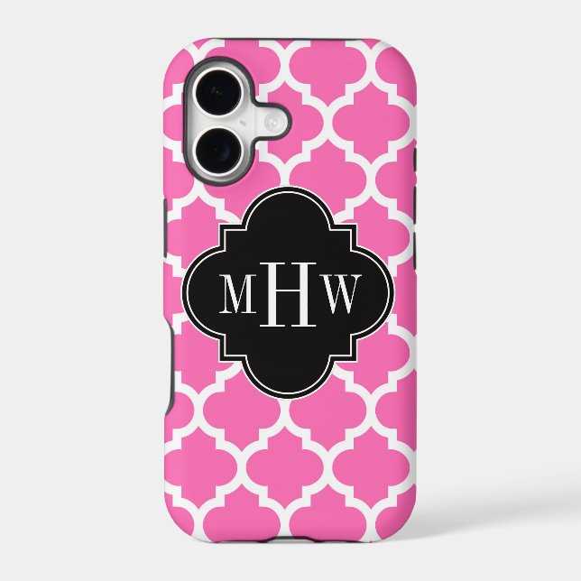 Hot Pink Wt Moroccan #5 Black 3 Initial Monogram Iphone Case (Back)