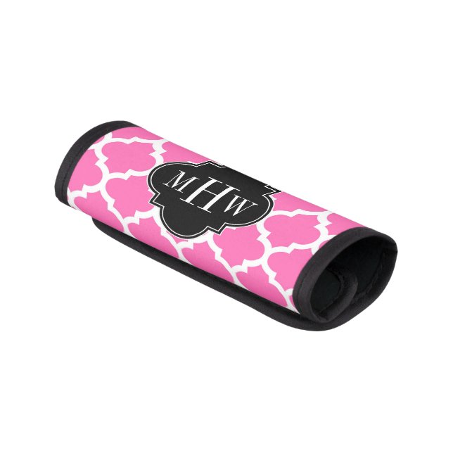Hot Pink Wt Moroccan #5 Black 3 Initial Monogram Luggage Handle Wrap (Angled)