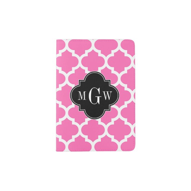 Hot Pink Wt Moroccan #5 Black 3 Initial Monogram Passport Holder (Front)