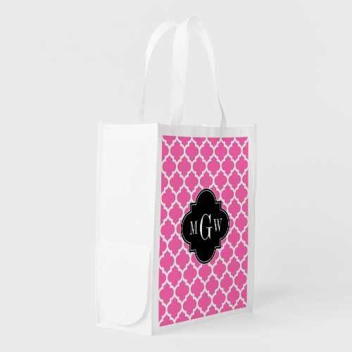 Hot Pink Wt Moroccan 5 Black 3 Initial Monogram Reusable Grocery Bag