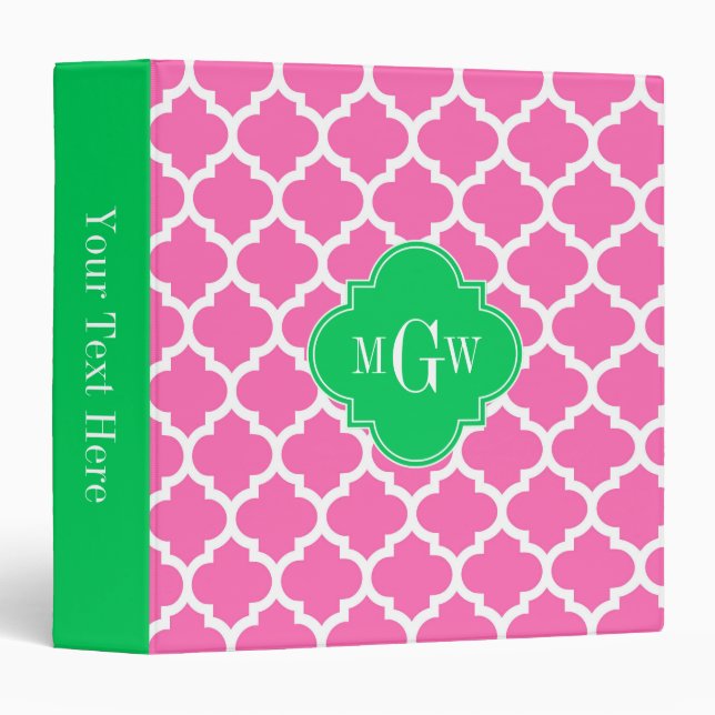 Hot Pink Wt Moroccan #5 Emerald 3 Initial Monogram Binder (Front/Spine)