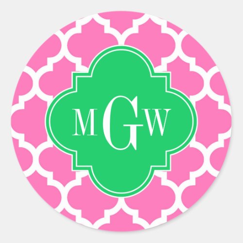 Hot Pink Wt Moroccan 5 Emerald 3 Initial Monogram Classic Round Sticker