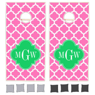Hot Pink Wt Moroccan #5 Emerald 3 Initial Monogram Cornhole Set