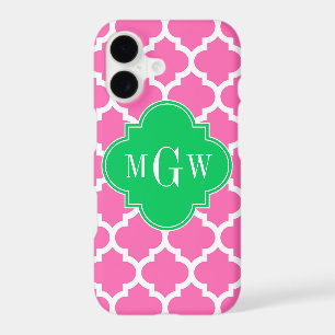 Hot Pink Wt Moroccan #5 Emerald 3 Initial Monogram iPhone 17 Case