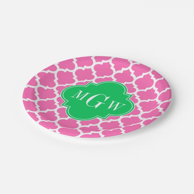 Hot Pink Wt Moroccan #5 Emerald 3 Initial Monogram Paper Plates (Angled)