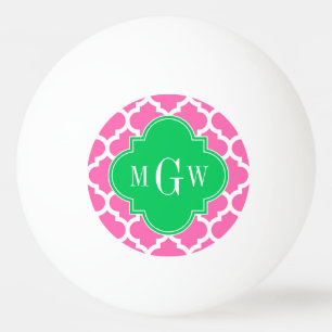 Hot Pink Wt Moroccan #5 Emerald 3 Initial Monogram Ping-Pong Ball