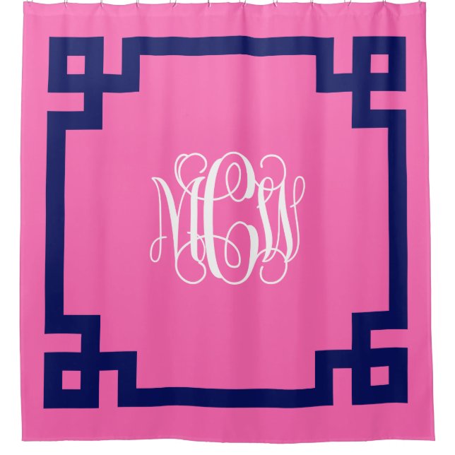 Hot Pink Wt Vine Monogram DIY BG & Greek Key Frame Shower Curtain (Front)