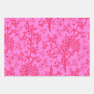 Hot Pink Y2K Vintage Modern Floral Botanical Wrapping Paper Sheets