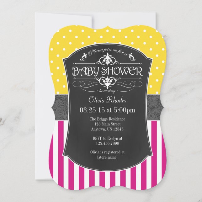Hot Pink Yellow Gray Chalkboard Stripe Baby Shower Invitation (Front)