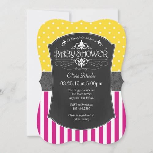 Hot Pink Yellow Gray Chalkboard Stripe Baby Shower Invitation