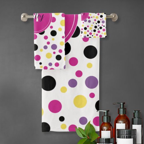 Hot Pink Yellow Monogram Polka Dots Bath Towel Set