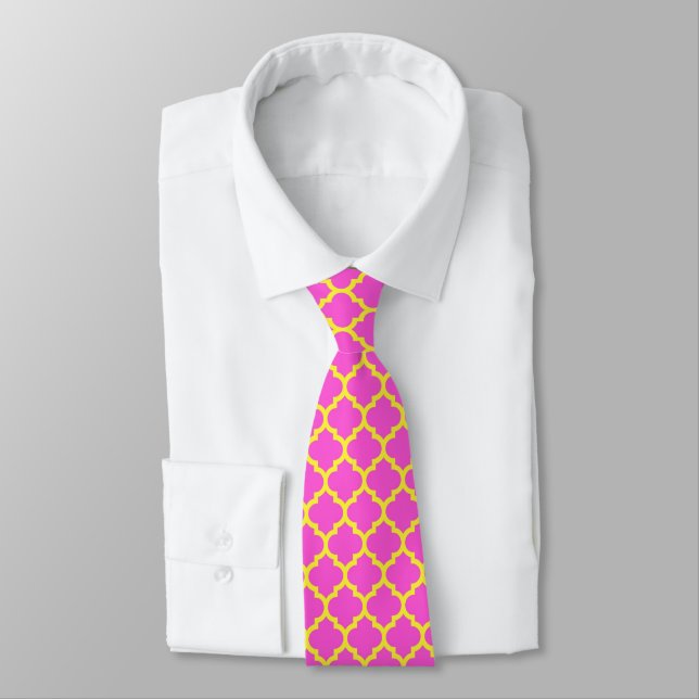 Hot Pink, Yellow Moroccan Quatrefoil Pattern #5 Neck Tie (Tied)