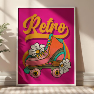 Hot Pink& Yellow Roller Skates Illustration Retro Poster