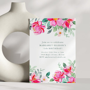 Hot Pink Yellow Watercolor Floral Birthday Party Invitation