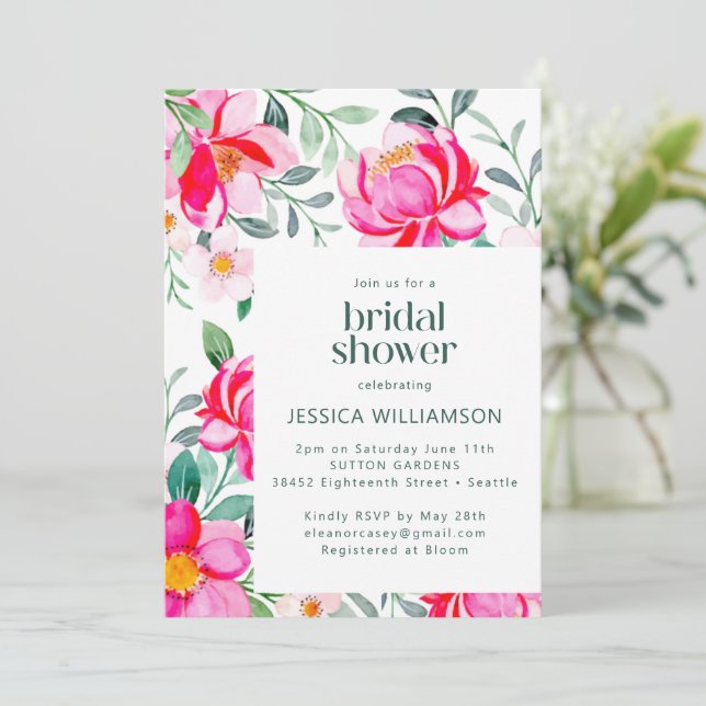 Hot Pink Yellow Watercolor Floral Bridal Shower Invitation (Standing Front)