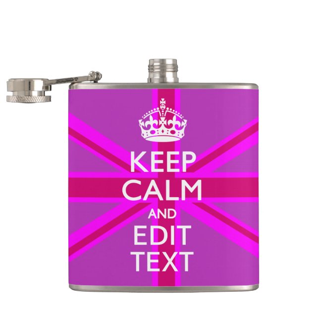Hot Pink Your Keep Calm Edit Text Union Jack Flask (Opened)